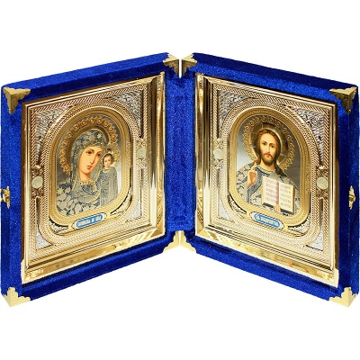  Икона Большая венчальная пара в синей бархатной шкатулке с резными уголками, SH19 фото в интернет-магазине