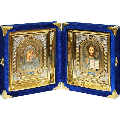  Икона Малая венчальная пара в синей бархатной шкатулке с резными уголками, SH16 фото в интернет-магазине